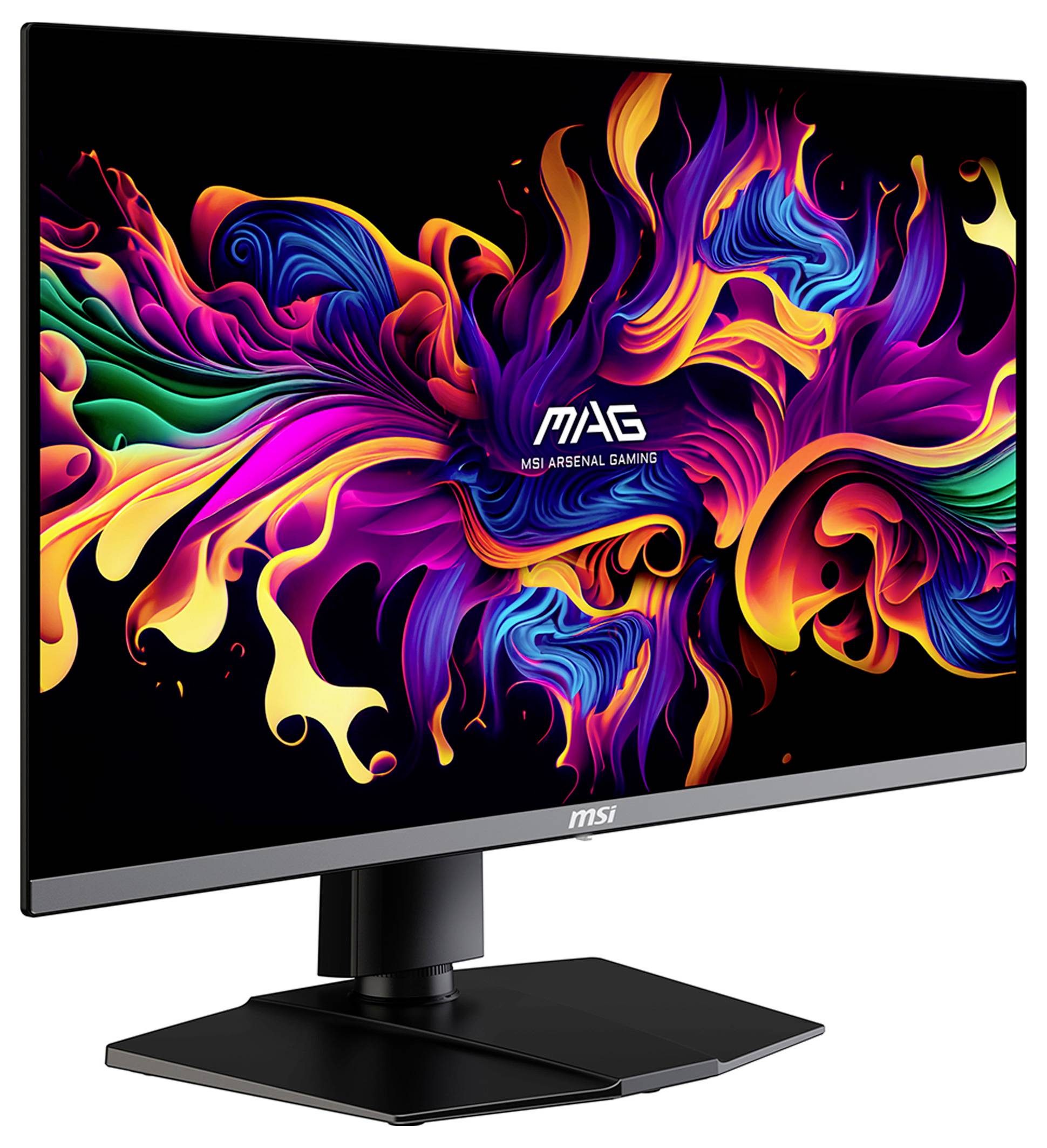 Un colorato motivo astratto con forme fluenti visualizzato su un monitor da gaming MSI.