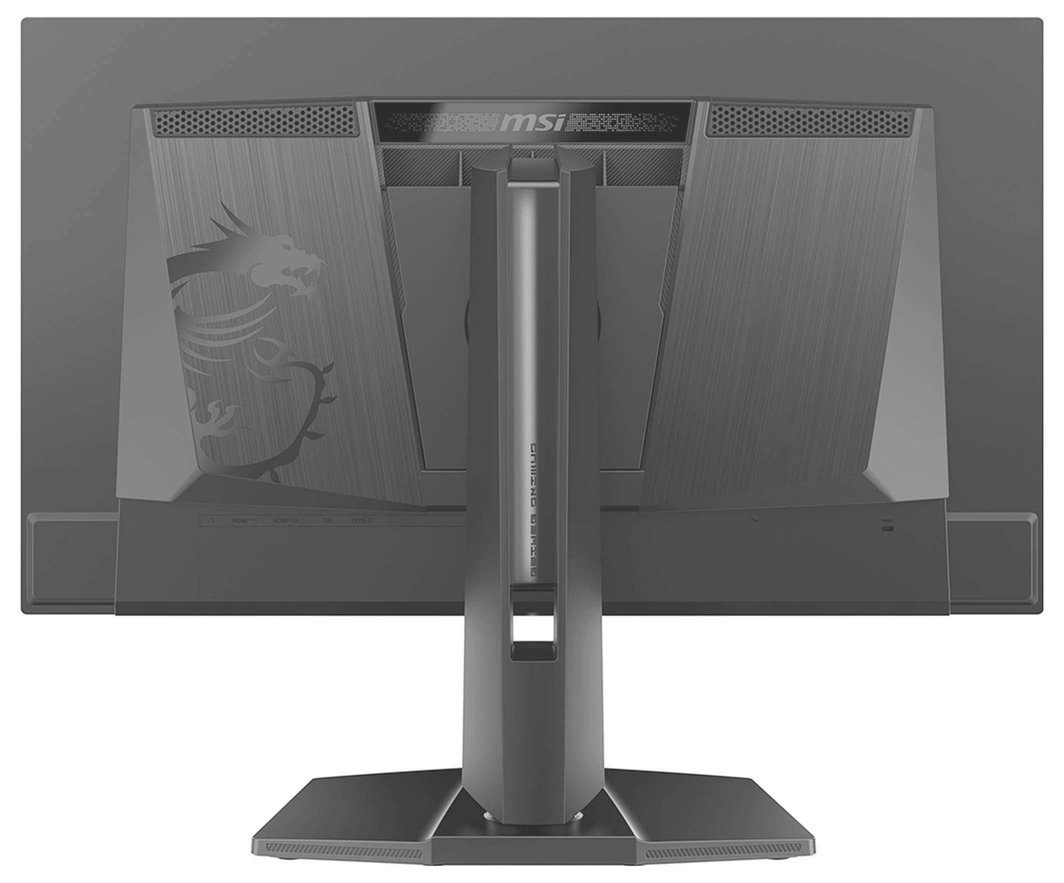 La vista posteriore di un monitor per computer che mostra un logo di drago nell'angolo, il nome del marchio "MSI" e un supporto centrale regolabile.