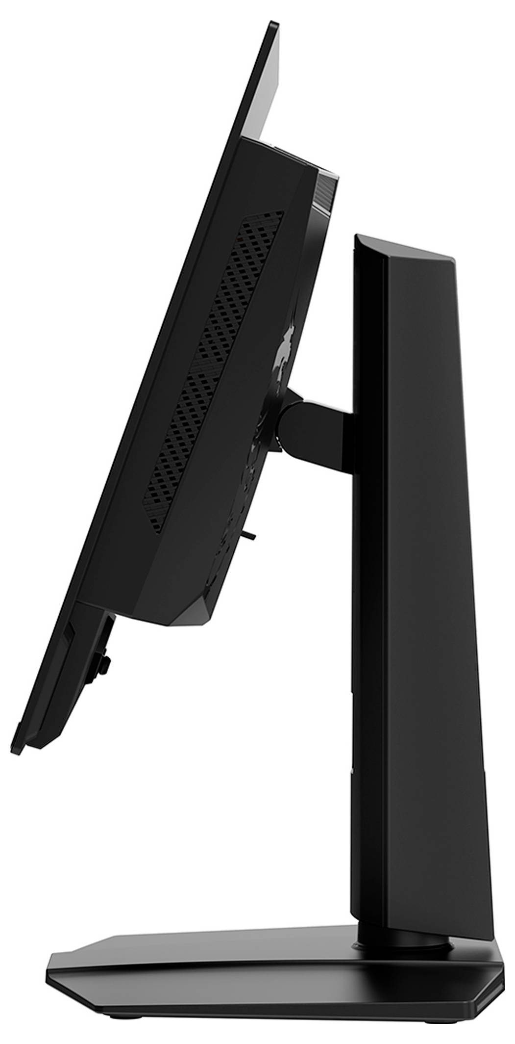 Una vista laterale di un monitor di un computer su un supporto, inclinato leggermente all'indietro, che mostra lo spessore e i dettagli delle prese d'aria sul pannello posteriore.