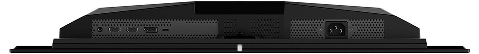 Vista posteriore di un monitor con diversi connettori, tra cui HDMI, USB e ingresso di alimentazione, insieme alle griglie di ventilazione su entrambi i lati.