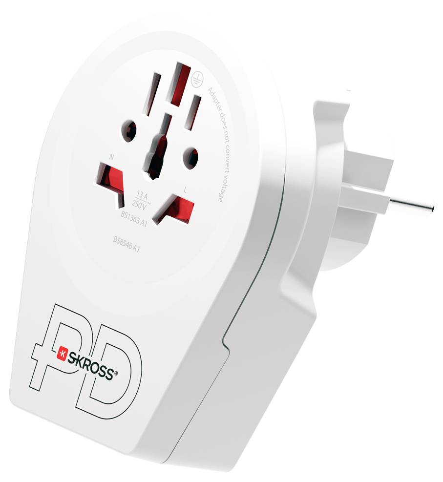 'Adattatore di viaggio universale bianco con più porte di collegamento.'