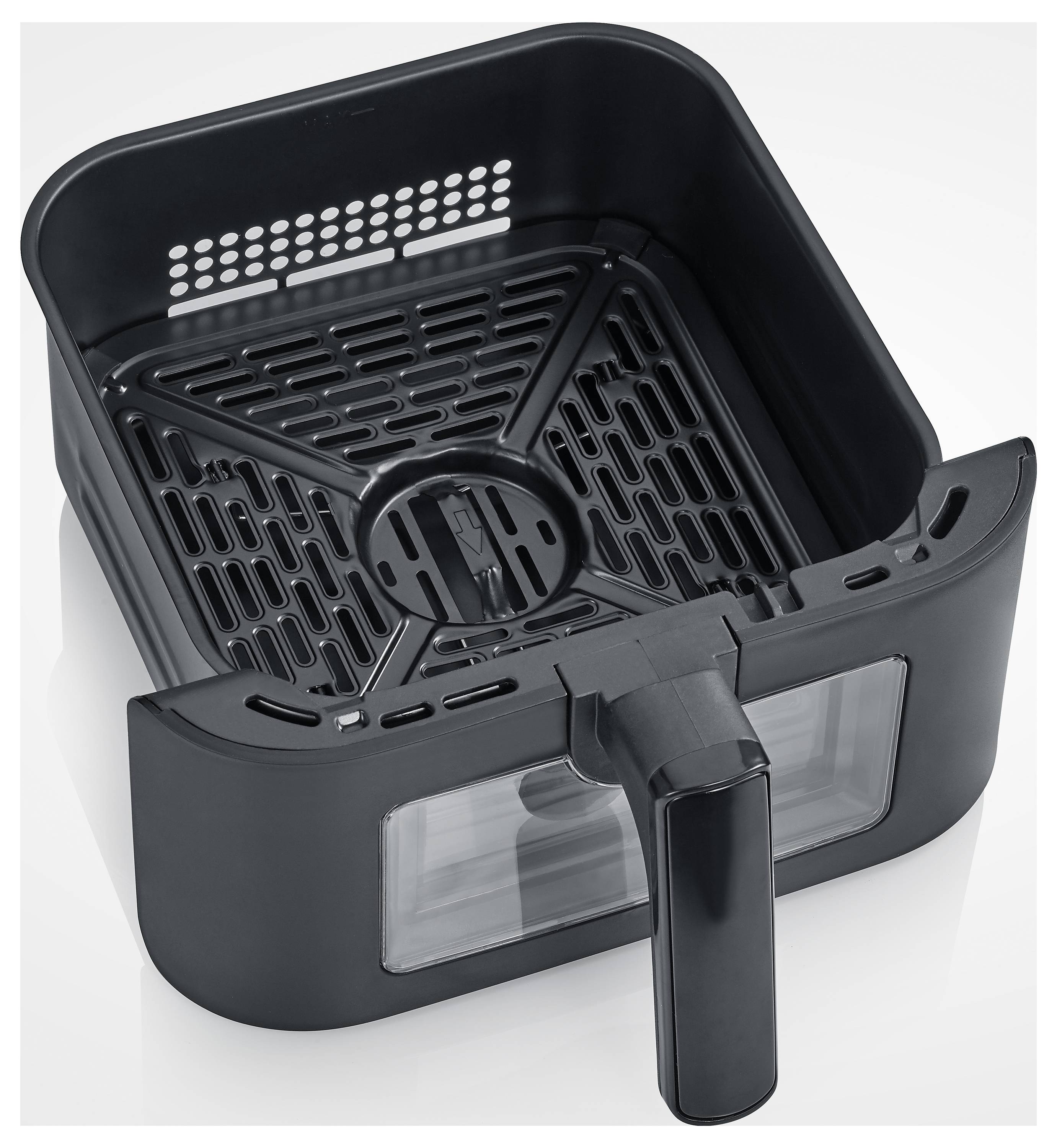Un cestello per friggitrice ad aria di colore nero con manico, caratterizzato da un fondo perforato per una cottura uniforme.