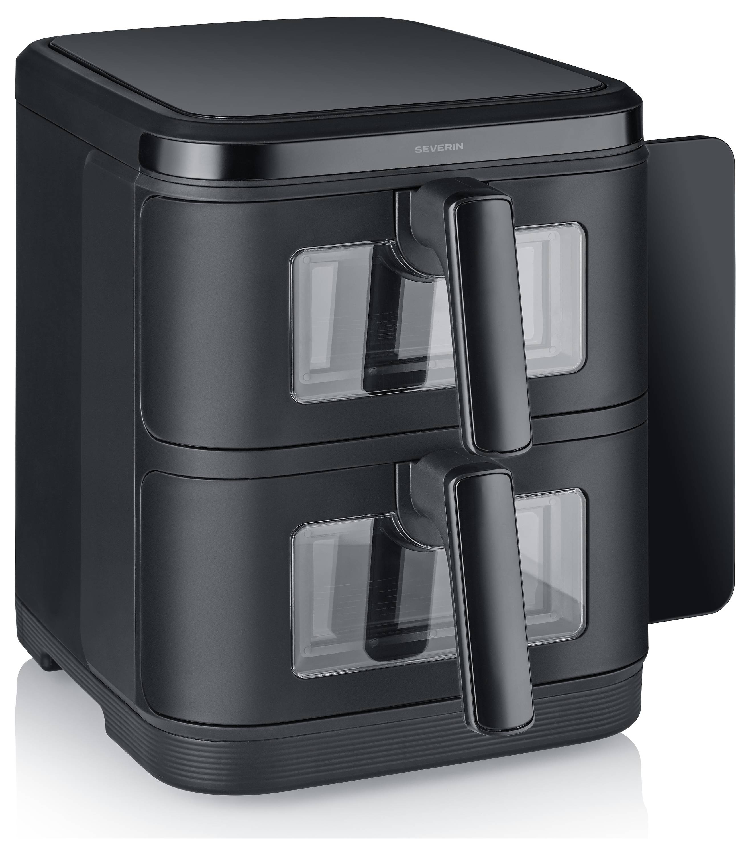 Un elegante friggitrice ad aria con due cesti neri e lucidi, dotata di due scomparti anteriori che si aprono verso il davanti e maniglie laterali per cucinare più alimenti contemporaneamente.