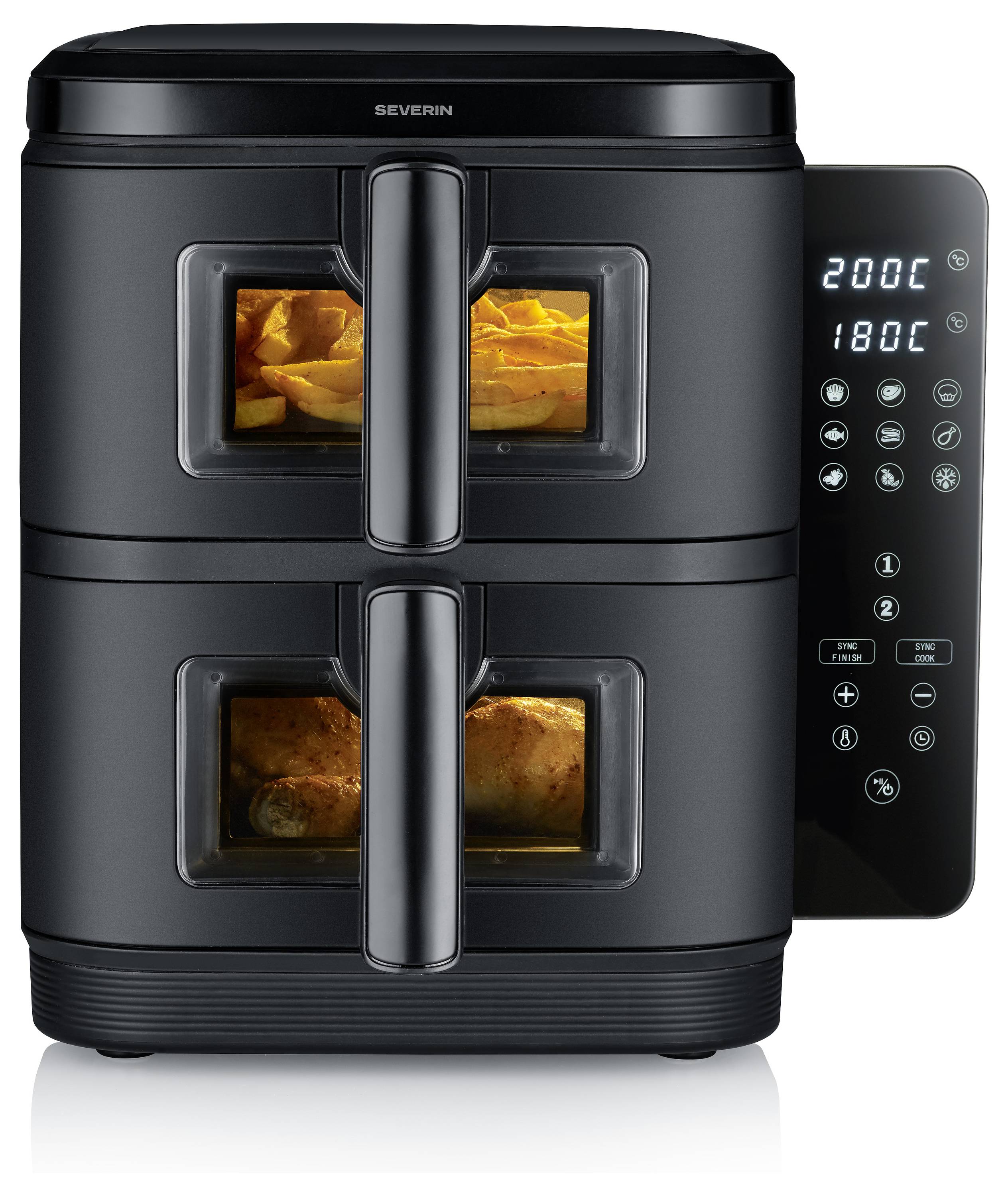 Friggitrice ad aria con doppia camera dotata di comandi digitali, che mostra impostazioni di temperatura di 200°C e 180°C. La camera superiore contiene patatine fritte; la camera inferiore, pollo.