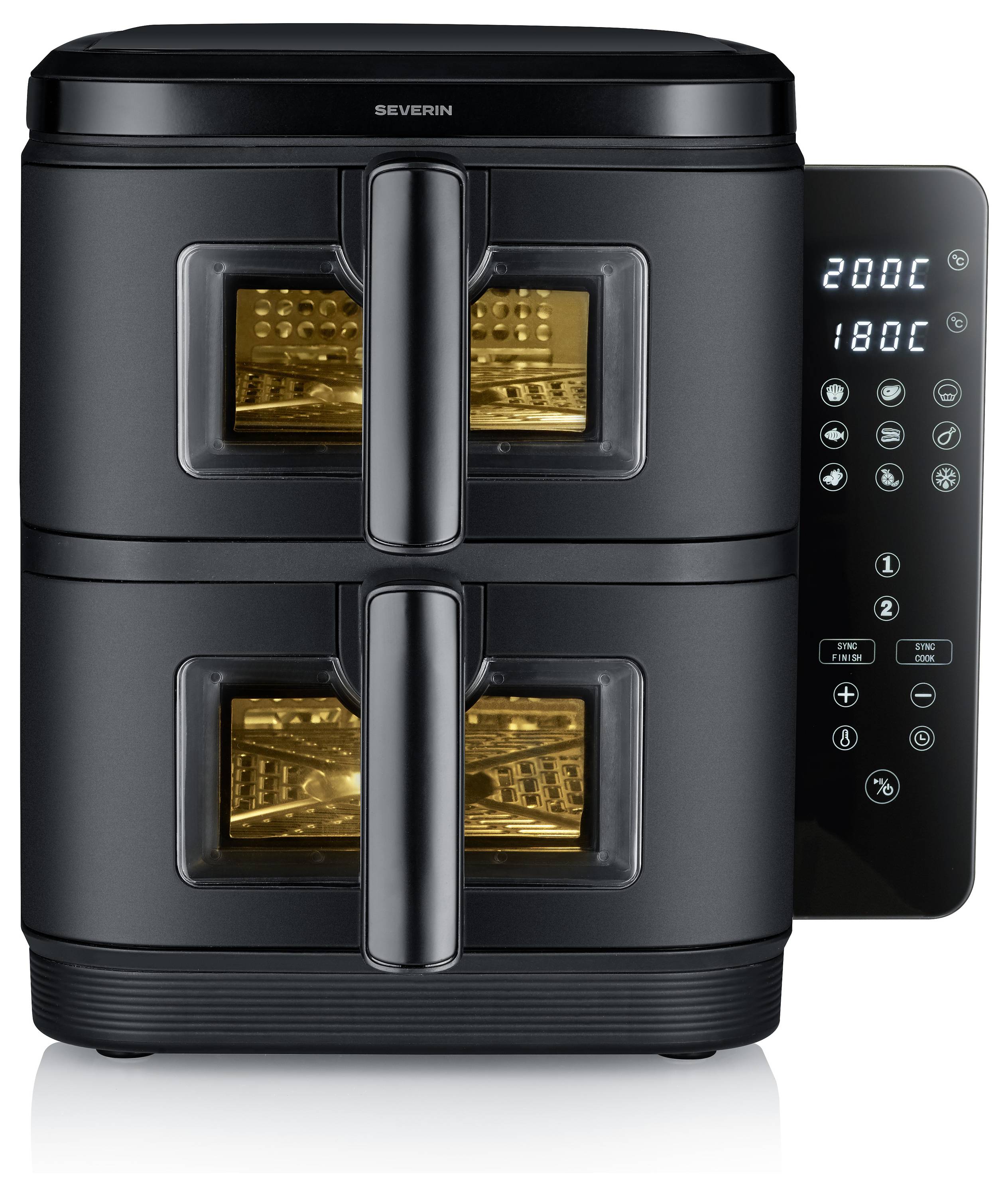 Un friggitrice ad aria a doppia camera di colore nero con display touch screen digitale che mostra temperature di "200°C" e "180°C", con luci interne visibili.
