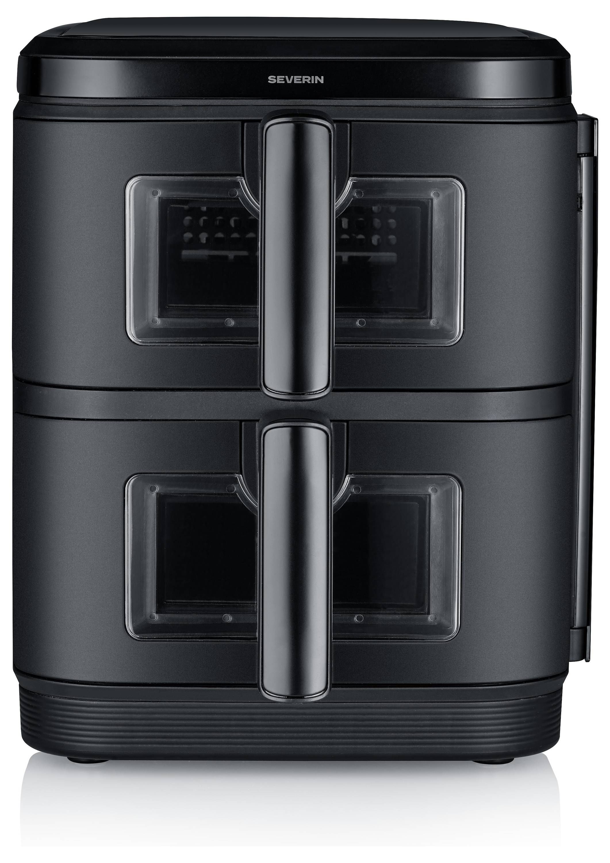 Un friggitrice ad aria a doppio cassetto di colore nero con maniglie visibili e una finestra trasparente su ogni cassetto, progettato per cucinare contemporaneamente due tipi di cibo.