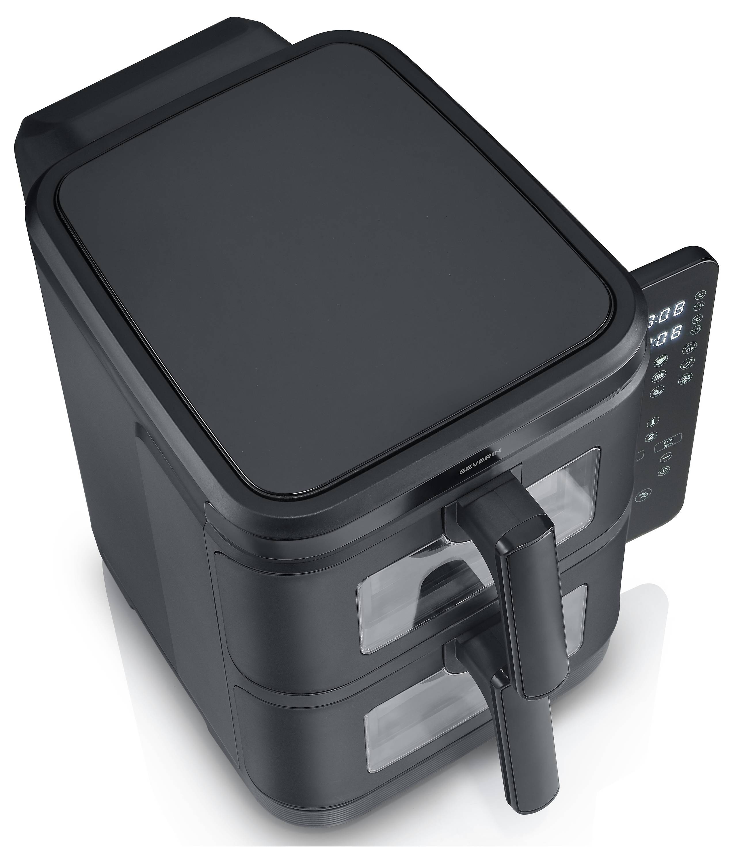 Una friggitrice ad aria a doppio cestello con pannello di controllo sul lato destro, caratterizzata da un design nero elegante, adatta alla cottura simultanea.