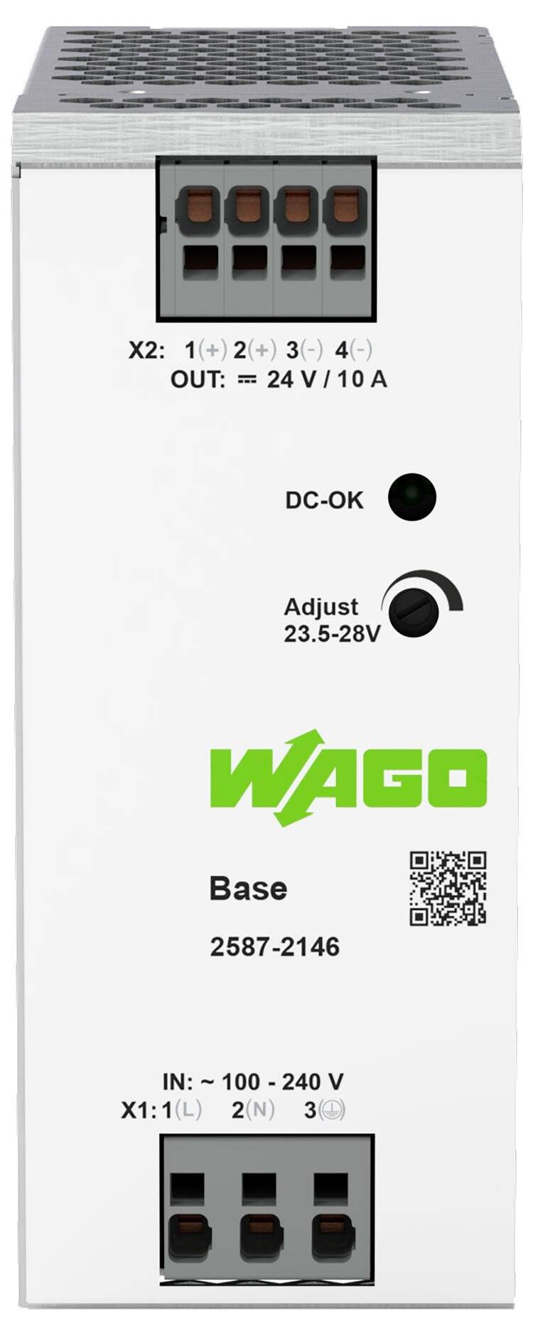 'Alimentatore WAGO, modello 2587-2146, uscita: 24V/10A, ingresso: 100-240V, uscita regolabile 23,5-28V, con codice QR sul frontale.'