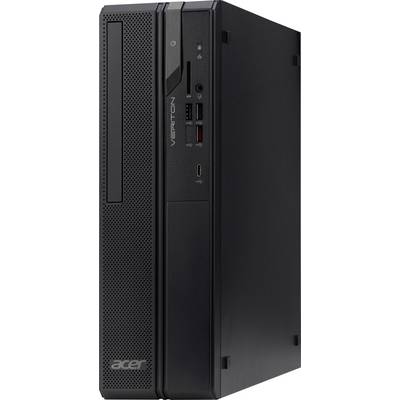 Una torre di desktop computer Acer Veriton nera con porte USB anteriori, lettore di dischi e pannello di ventilazione, adatta per l'uso in ufficio.