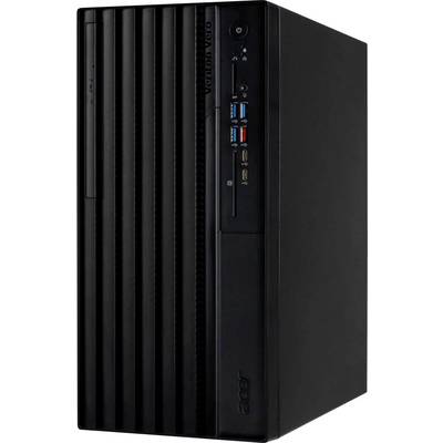 Una torre di computer desktop nera con scanalature verticali, con porte anteriori che includono USB e jack audio, e un pulsante di accensione.