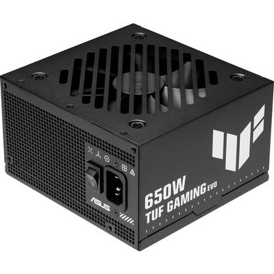 'Alimentatore ASUS TUF Gaming 650W EVO con griglia, interruttore di alimentazione e porta cavi; caratterizzato da un involucro in metallo nero ventilato.'