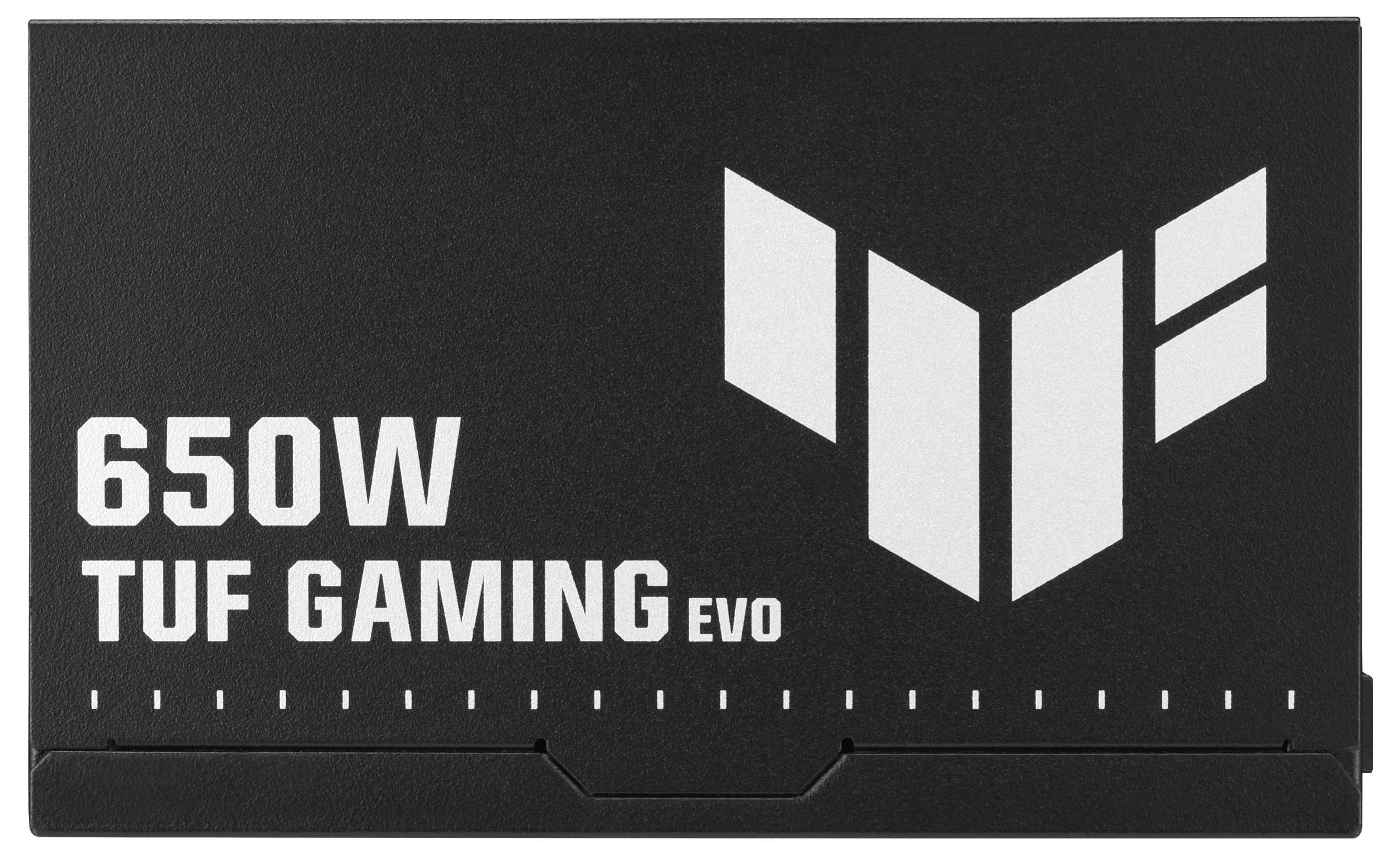 Unità di alimentazione 'TUF Gaming EVO' da 650W vista frontale con logo e testo.