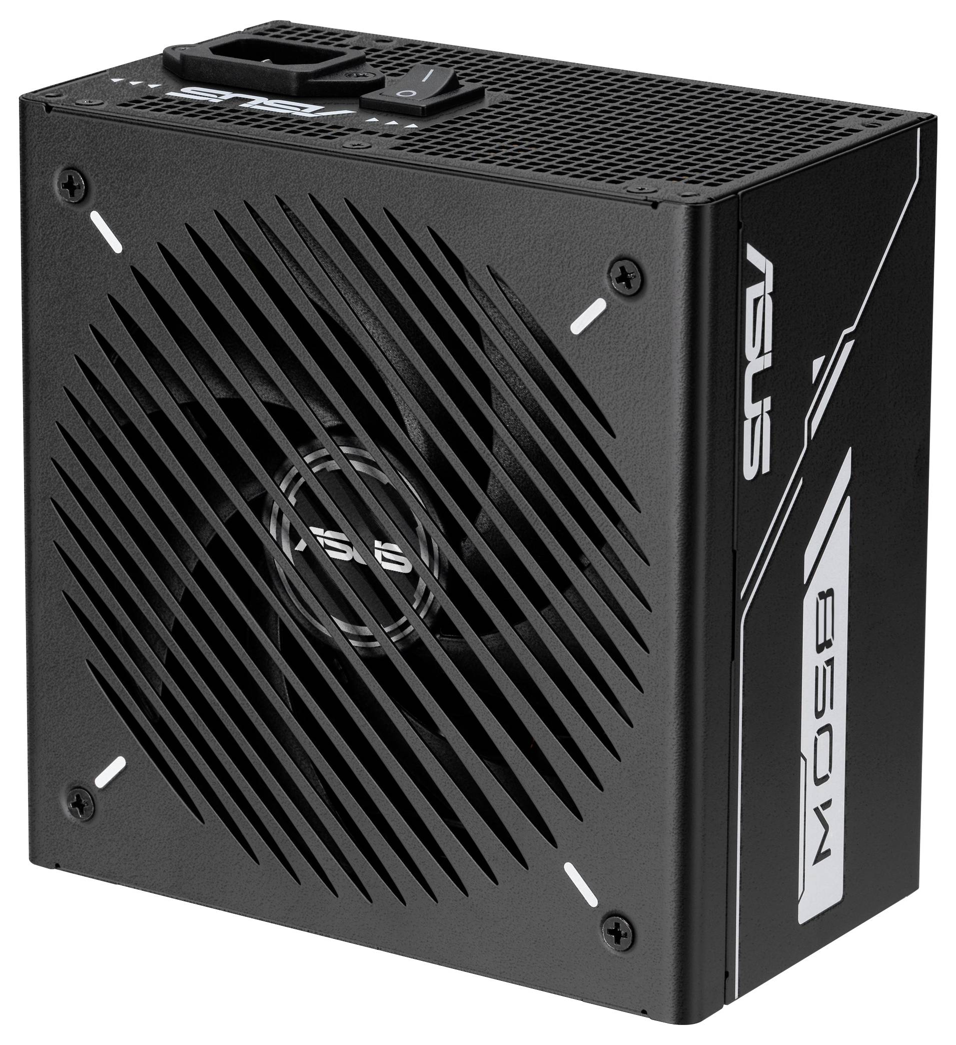 'Unità di alimentazione da 850W nera per computer, caratterizzata da una grande ventola con fessure di ventilazione diagonali e un design esteriore con marchio.'