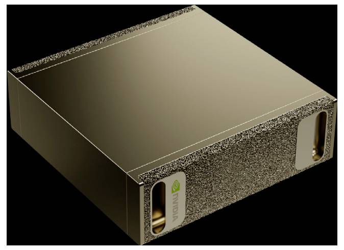 Un'unità GPU di colore dorato, rettangolare con il logo 'NVIDIA' sul lato, che presenta un design elegante, presentata su uno sfondo nero.