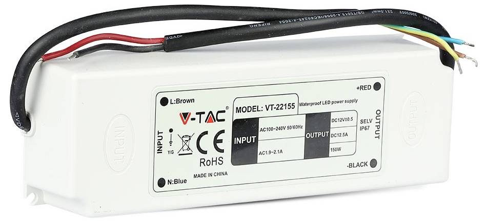 'Alimentatore LED V-TAC VT-21155, ingresso 110-265V, uscita 12V, 2A, con cavi di ingresso marrone, blu, giallo-verde e cavi di uscita rosso, nero.'