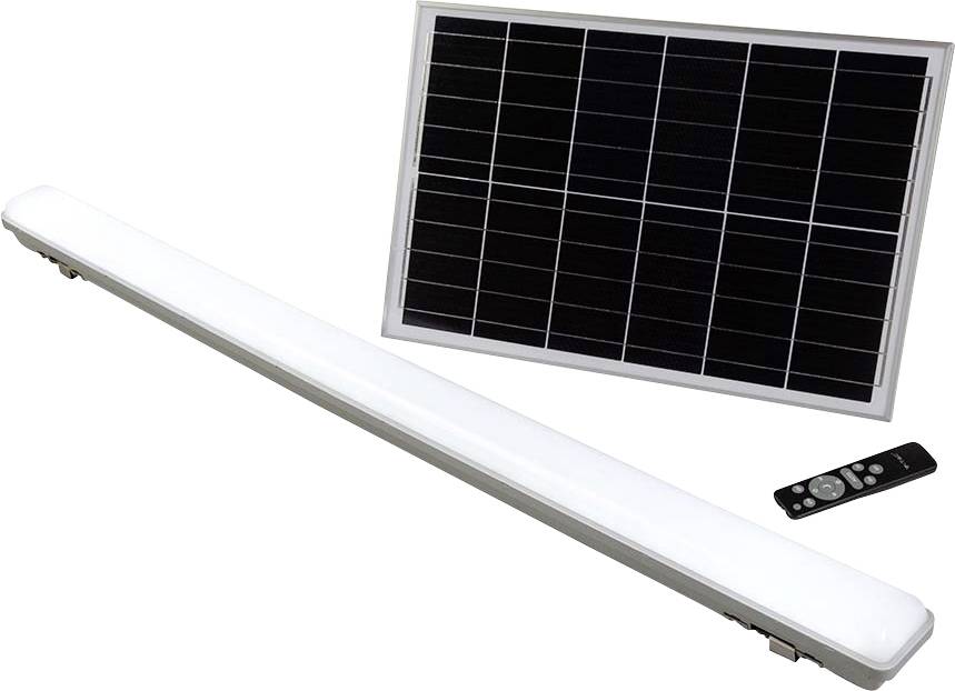 Una barra luminosa a LED con pannello solare e telecomando, che suggerisce un sistema di illuminazione alimentato ad energia solare per efficienza e comodità.