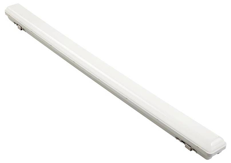 Un lungo apparecchio di illuminazione LED rettangolare con copertura bianca e clip metalliche su ciascuna estremità, progettato per il montaggio a soffitto o a parete.