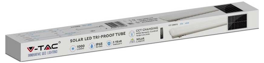 Una scatola rettangolare etichettata 'V-TAC Innovative LED Lighting' con 'Solar LED Tri-Proof Tube' con icone per 1000 LM, IP65 e garanzia di 3 anni.