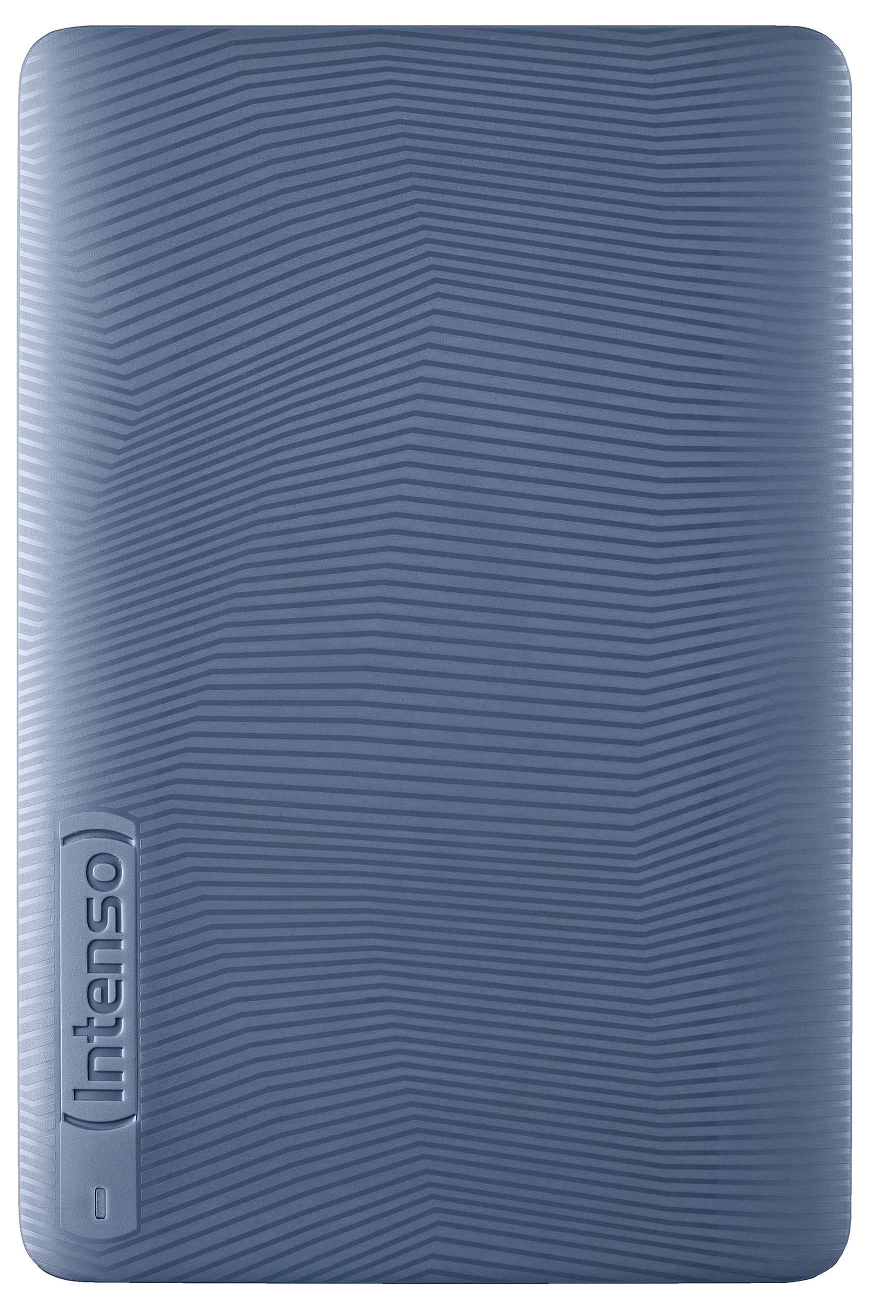 Un disco rigido esterno di colore blu scuro con texture, con la scritta 'Intenso' incisa verticalmente sul lato.