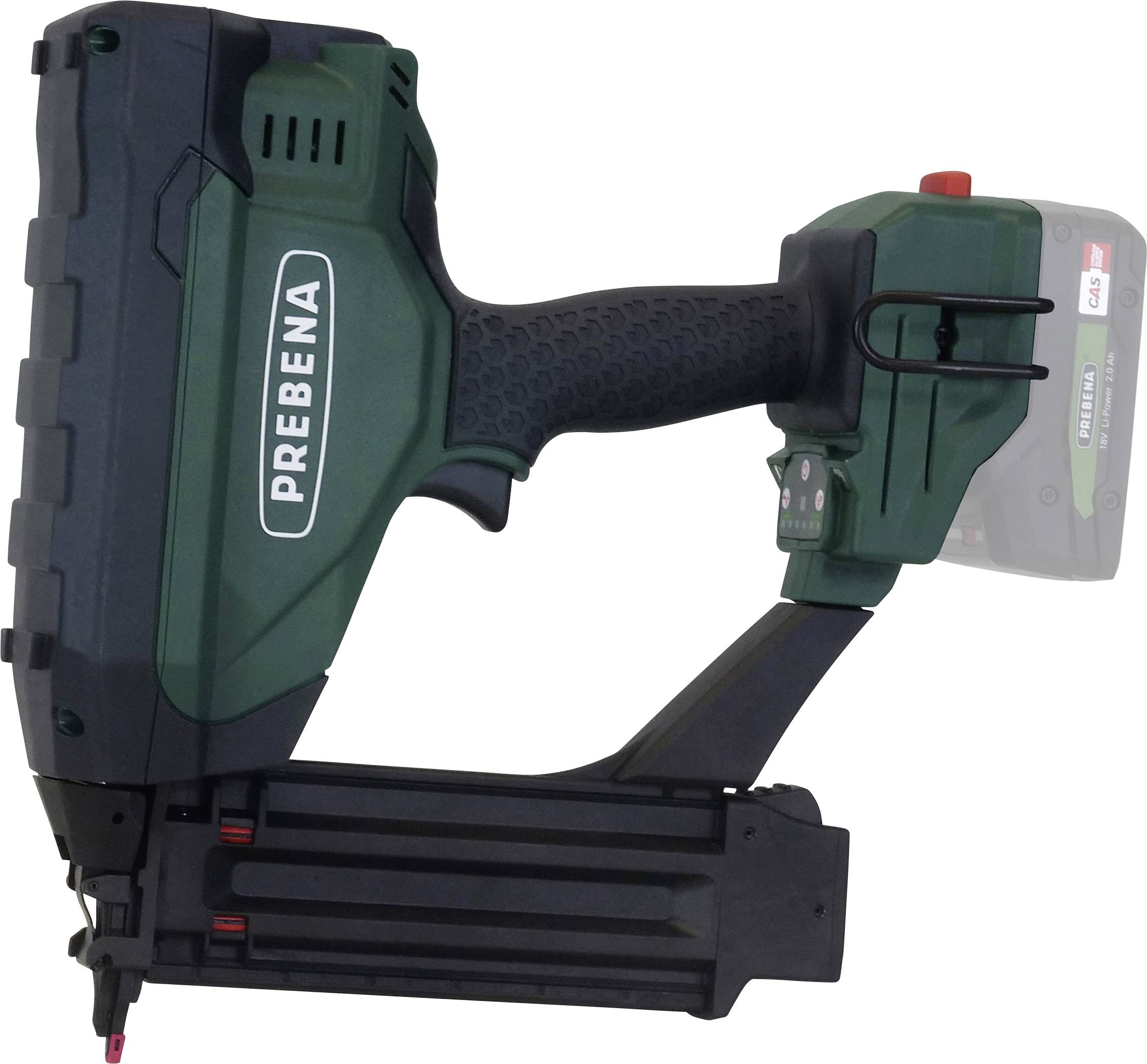 Una pistola chiodatrice alimentata a batteria con impugnatura ergonomica, etichettata 'PREBENA,' utilizzata per fissare materiali in modo efficiente senza cavo di alimentazione.