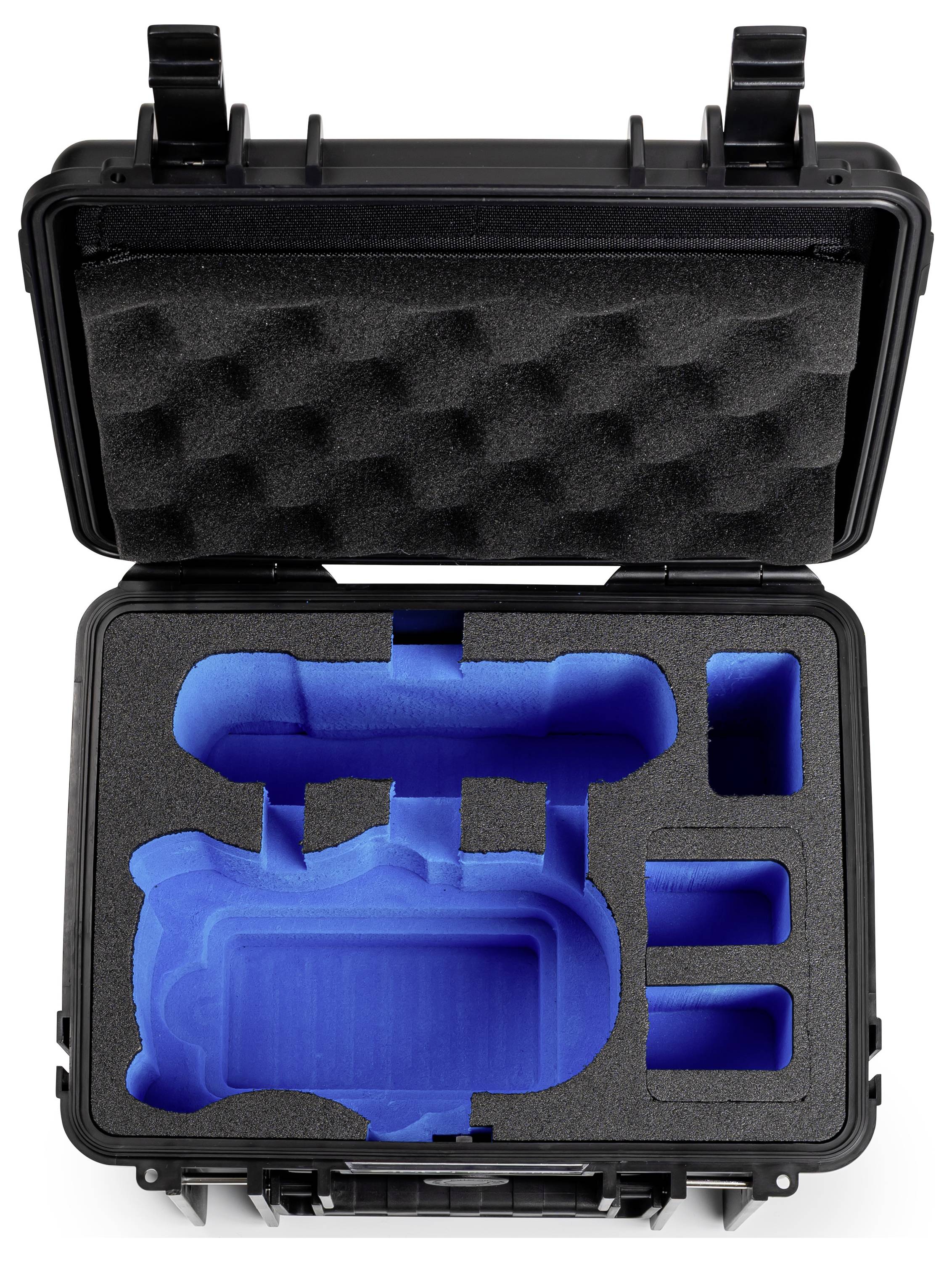 Custodia protettiva verde aperta con inserto in schiuma blu personalizzato, progettata per adattarsi in modo sicuro a attrezzature o strumenti specifici, caratterizzata da un coperchio con texture.