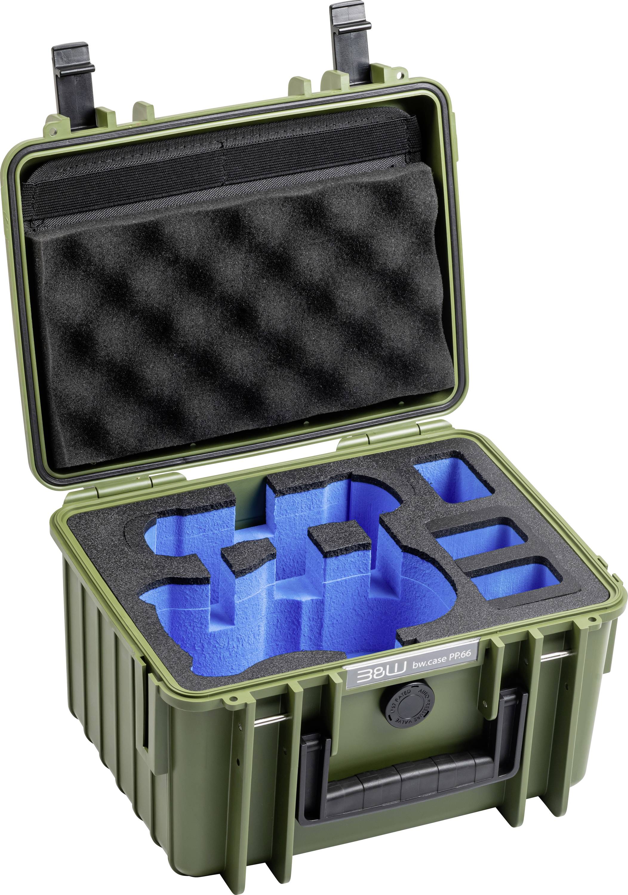 Custodia stile militare di colore verde con inserti in schiuma blu progettata per contenere in sicurezza l'attrezzatura, dotata di scomparto superiore imbottito.