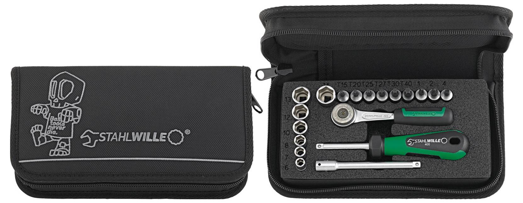 Una borsa porta-attrezzi con zip che espone un set di chiavi inglesi, cacciaviti e bussole, marchiata con "Stahlwille".