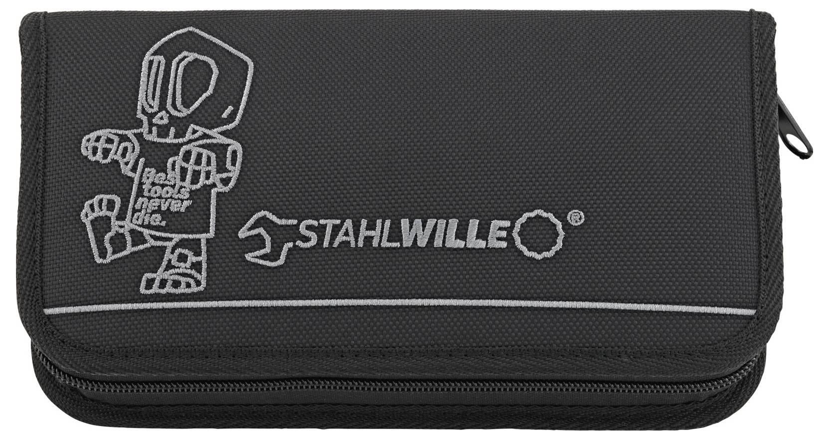 Una borsa per attrezzi nera caratterizzata da un personaggio stilizzato e dal testo "I buoni attrezzi non muoiono mai", insieme al logo Stahlwille.