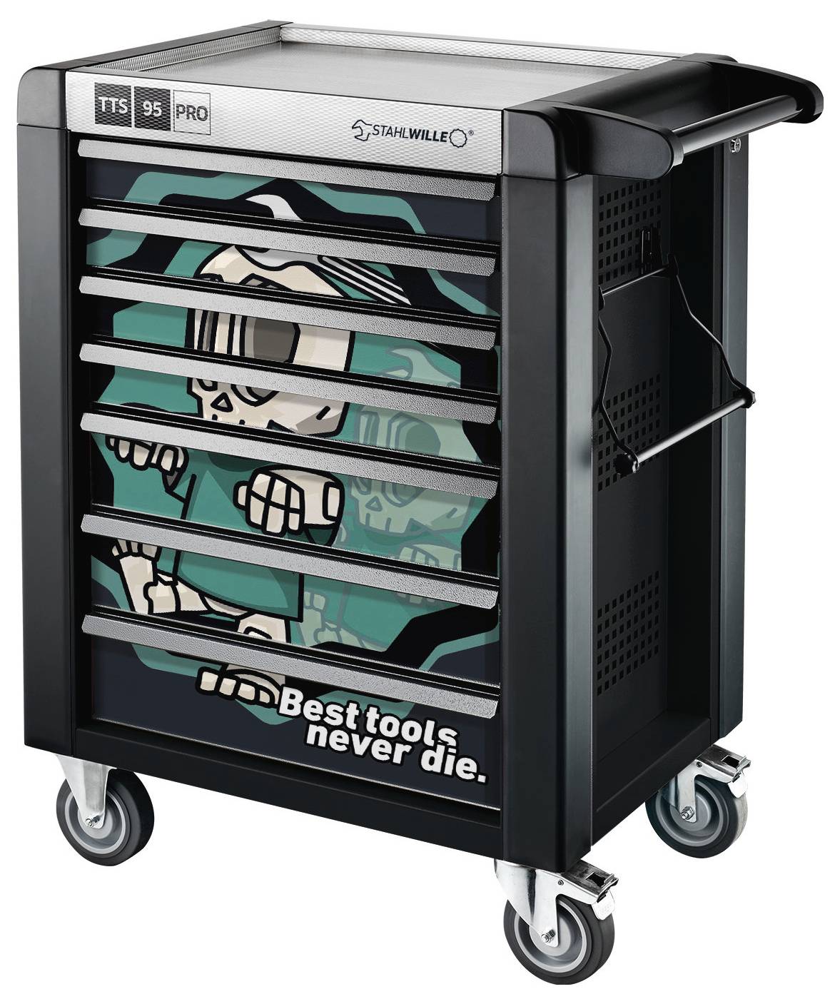 Un carrello portautensili nero con un'illustrazione di uno scheletro e il testo "Best tools never die". Ha più cassetti e ruote.
