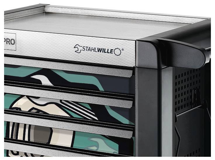 Un mobile portautensili con più cassetti, caratterizzato da un design con motivi astratti. Il marchio "Stahlwille" è visibile sulla parte superiore.