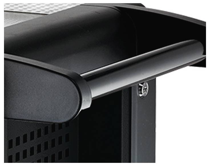 Primo piano di una maniglia di spinta nera con un armadio chiudibile sottostante, che suggerisce un carrello per attrezzature mobili o un'unità di archiviazione.