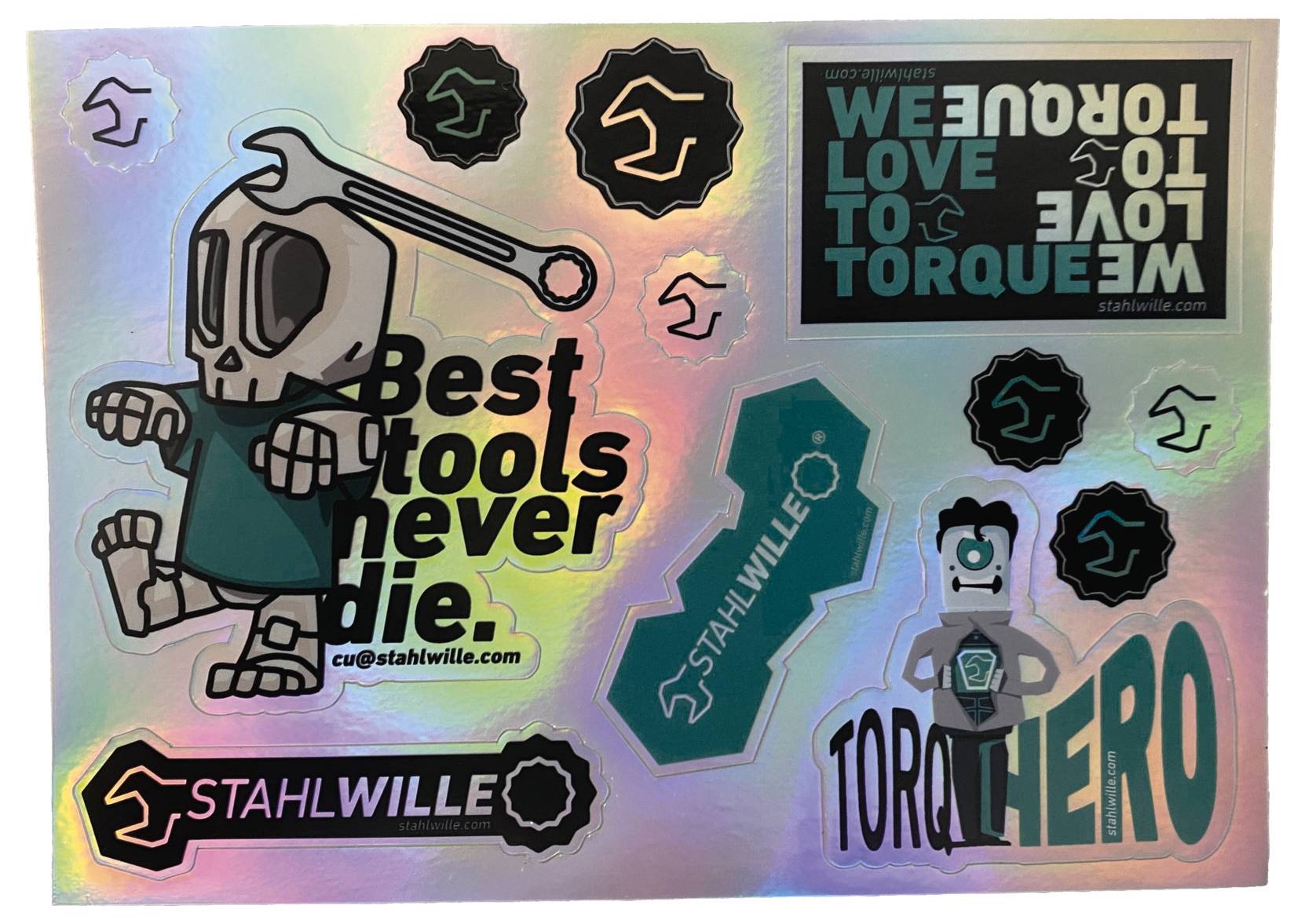 Un foglio di adesivi olografici con illustrazioni e testo come "Best tools never die" e "Love to torqueum", con grafica a tema attrezzi.
