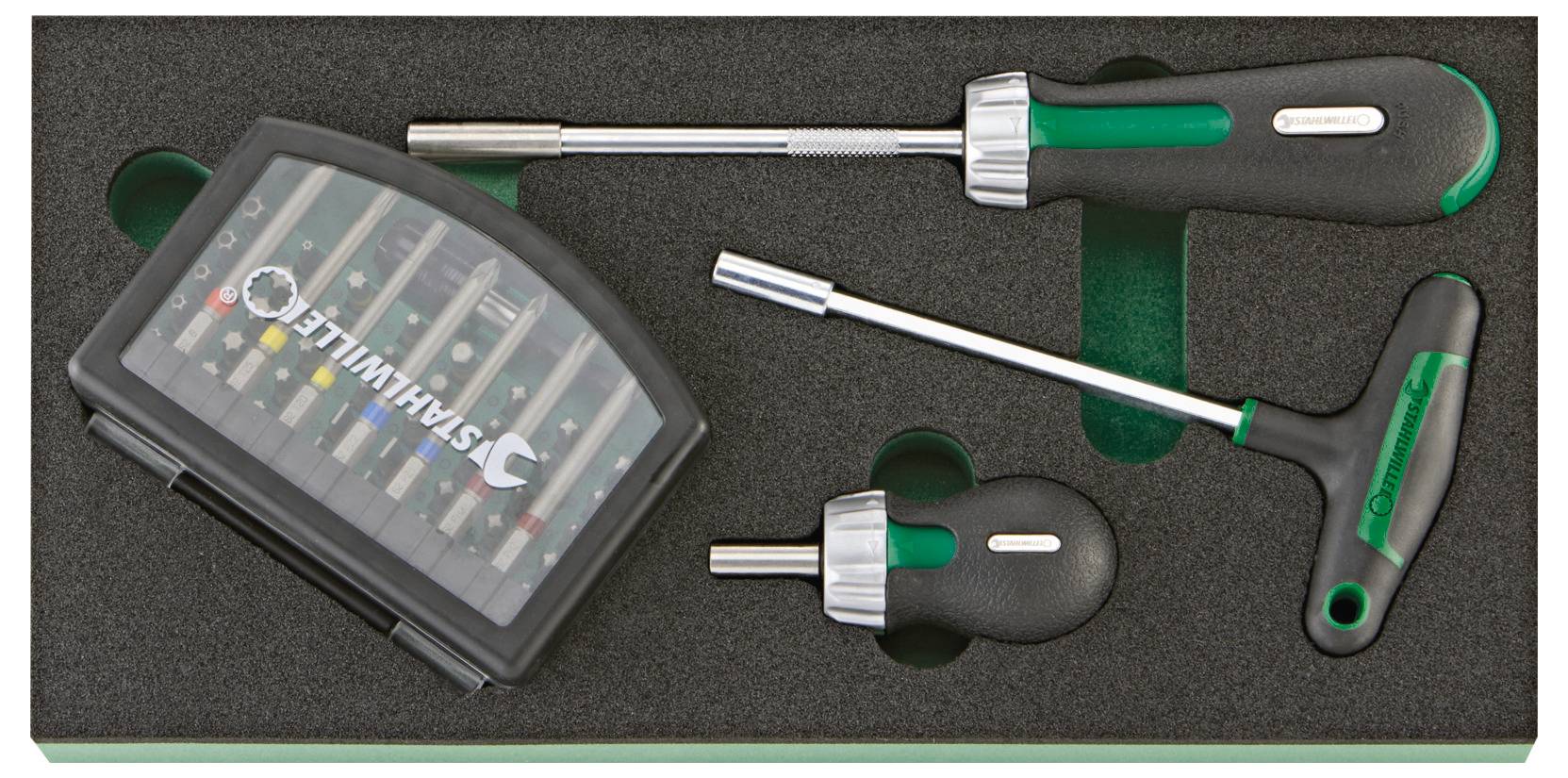 Kit di attrezzi contenente una varietà di cacciaviti e punte in un supporto in schiuma, progettato per diversi compiti di riparazione e assemblaggio.