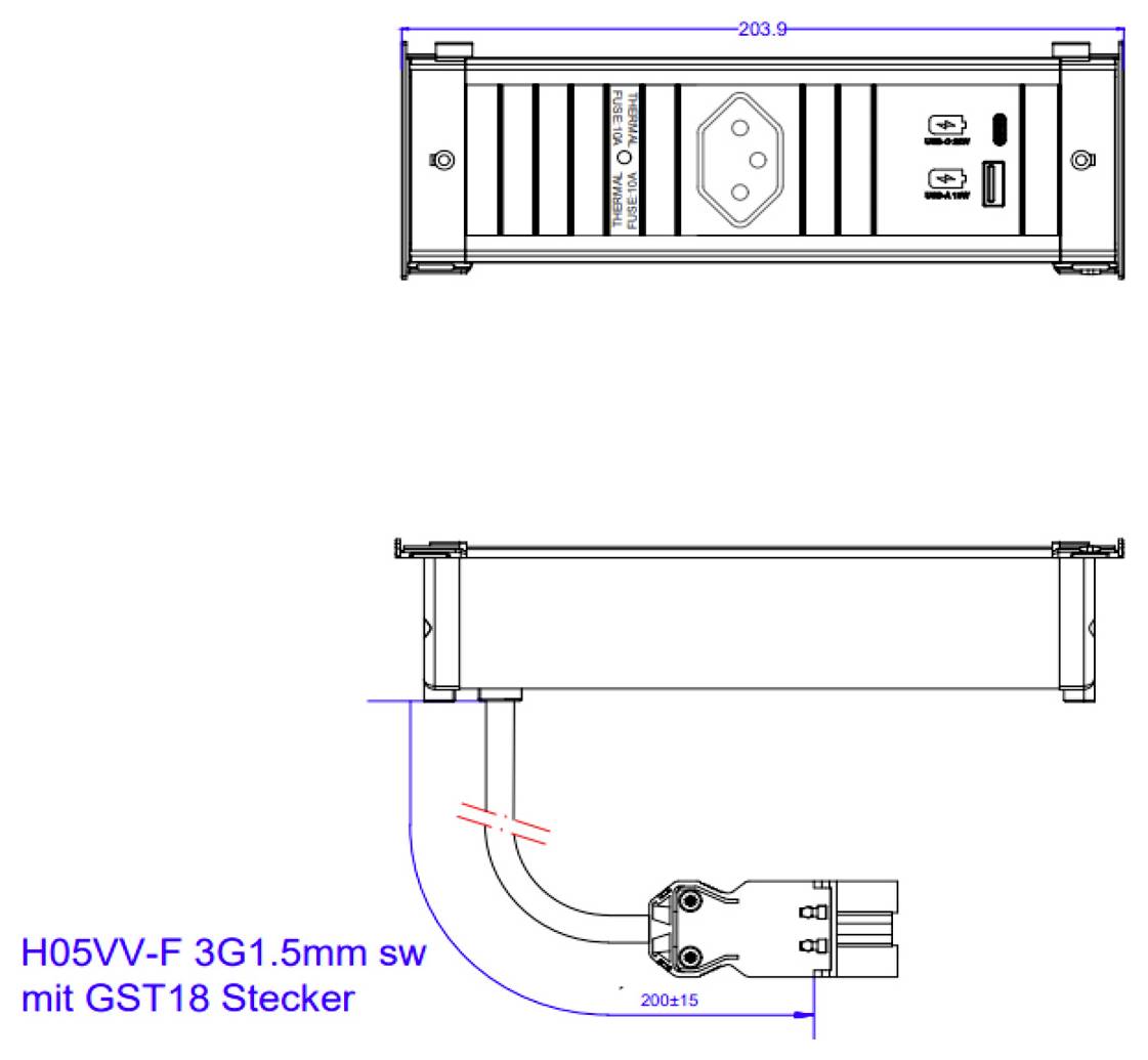 'Diagramma tecnico di una ciabatta elettrica con dimensioni. La vista dall'alto mostra le prese; la vista laterale indica il tipo di cavo H05VV-F 3G1.5mm con spina GST18.'