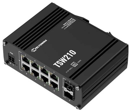 Switch Ethernet industriale Teltonika TSW210 nero con otto porte RJ45 e un ingresso di alimentazione, mostrato su uno sfondo bianco.