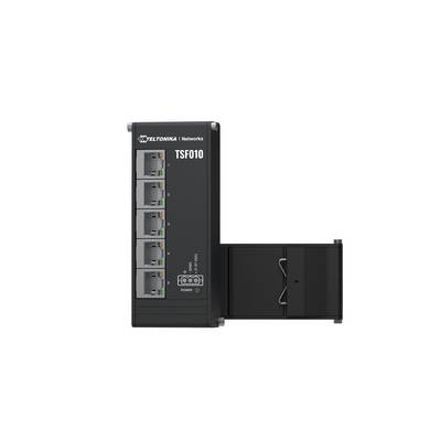 Dispositivo 'Teltonika Networks TSF010' con cinque porte Ethernet, indicatori di alimentazione e porte etichettate su un pannello verticale.