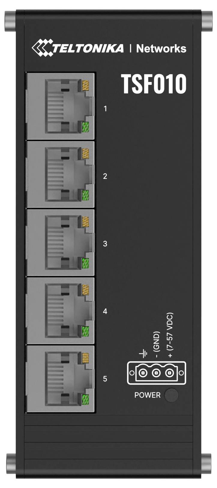 Switch di rete 'Teltonika Networks TSF010' con cinque porte Ethernet e indicatore di alimentazione sul pannello frontale, progettato per uso industriale.