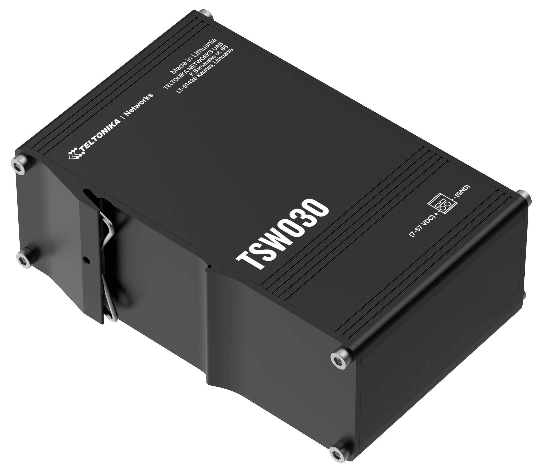 Dispositivo rettangolare nero etichettato 'TSW030' di Teltonika Networks. Dotato di molteplici porte e progettato per applicazioni di networking industriale.