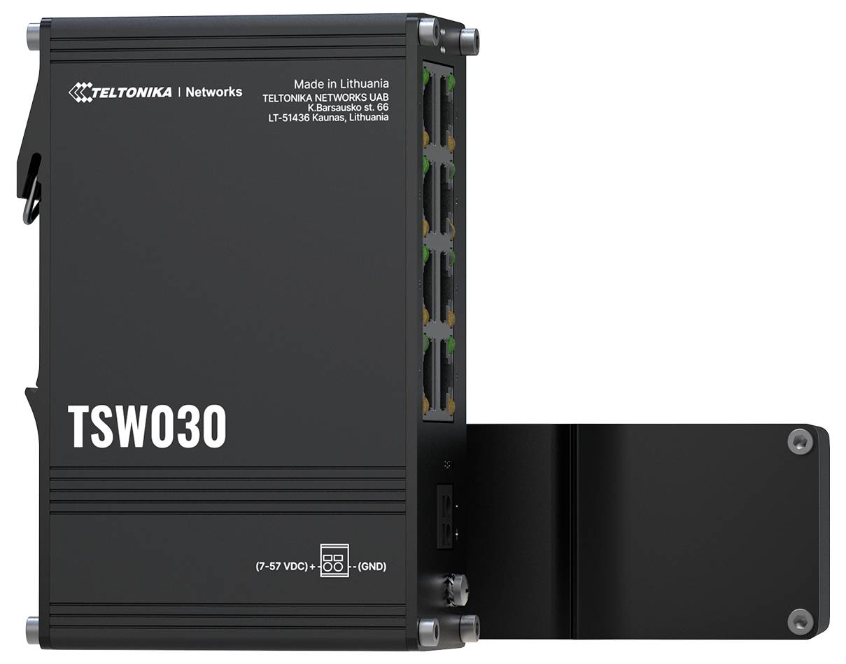 Teltonika TSW030 - Interruttore di rete Gigabit con cinque porte Ethernet, adatto per applicazioni industriali e design a montaggio su guida DIN.