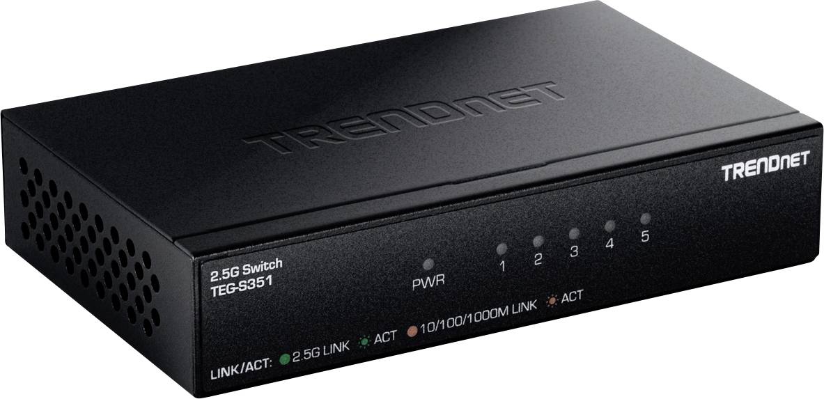 Switch di rete TRENDnet 2.5G nero con 5 porte sul pannello frontale e spie di stato, etichettato "2.5G Switch TEG-S351".