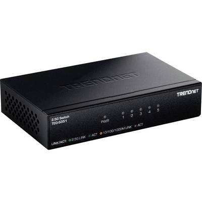 Switch di rete TRENDnet 2.5G nero con 5 porte sul pannello frontale e spie di stato, etichettato "2.5G Switch TEG-S351".