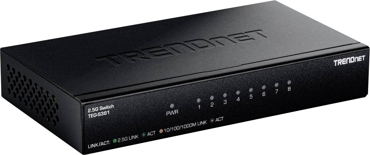 Switch TRENDnet nero 2.5G etichettato "TPE-3518I", con spie di stato sul pannello anteriore e otto porte numerate.