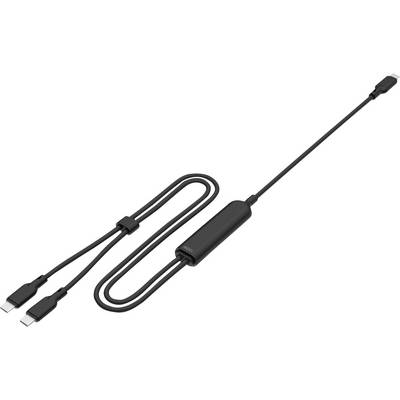 Cavo USB-C nero con modulo di controllo integrato e due connettori USB-C, mostrato su sfondo bianco.