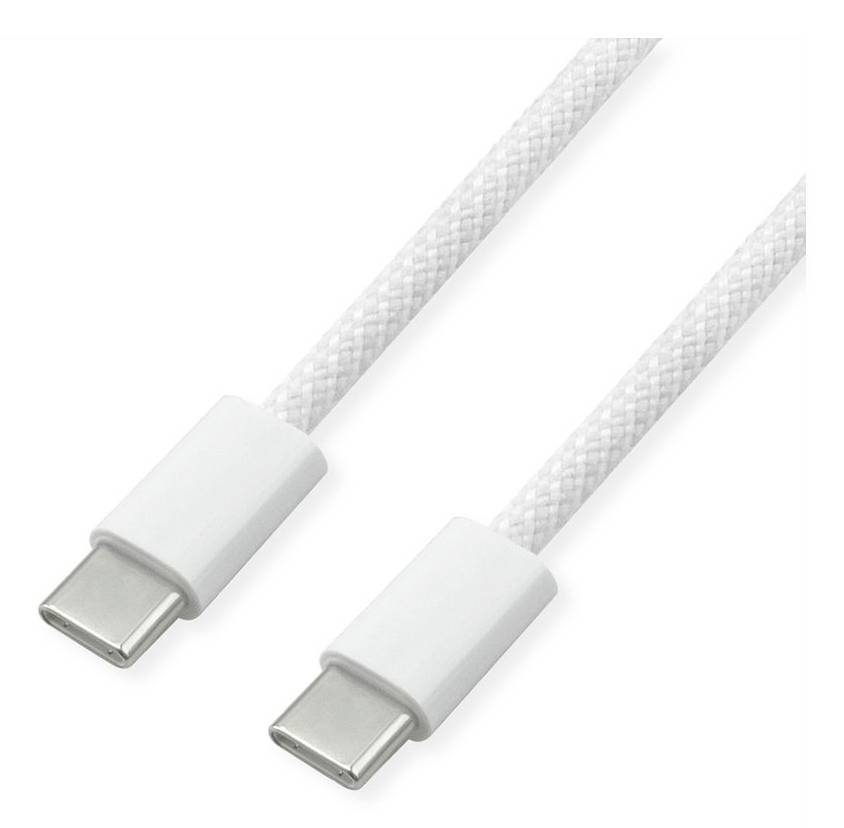 Cavo USB-C a USB-C con rivestimento intrecciato bianco, adatto al trasferimento dati e alla ricarica di dispositivi con porte USB-C.