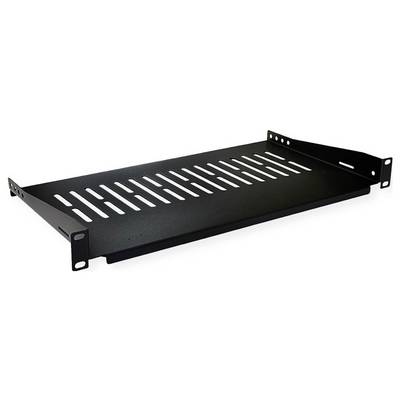 Scaffale per rack in metallo nero con fessure di ventilazione, progettato per il montaggio in rack server o armadi per il supporto dell'attrezzatura.