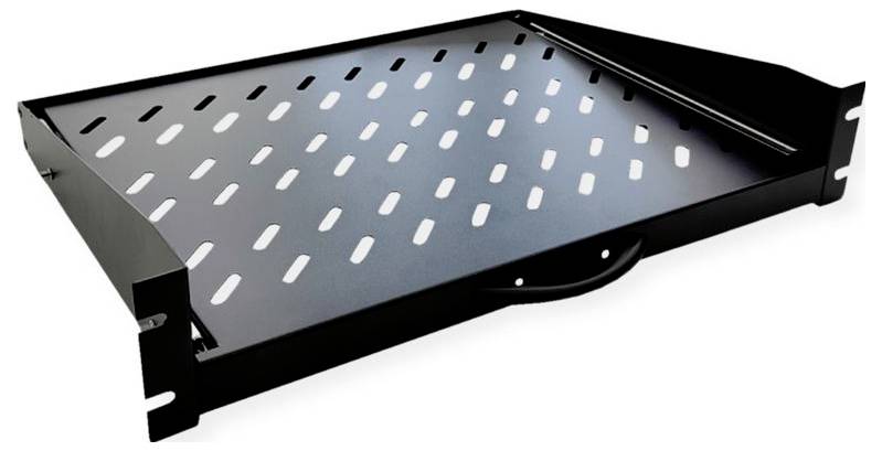 Un ripiano per rack server nero, con fori di ventilazione, staffe laterali e maniglia anteriore, progettato per essere montato in un rack standard da 19 pollici.