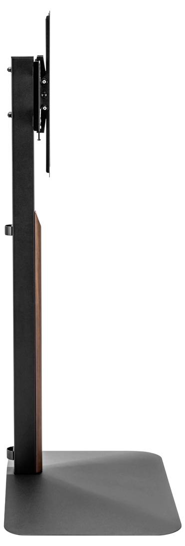Vista laterale di un supporto TV nero e snello con base piatta e dettaglio in legno, progettato per mantenere una TV in modo sicuro mantenendo un profilo minimalista.