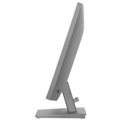 Un elegante monitor per computer moderno visto di lato, che mostra un profilo sottile e un design minimalista, con un supporto robusto.