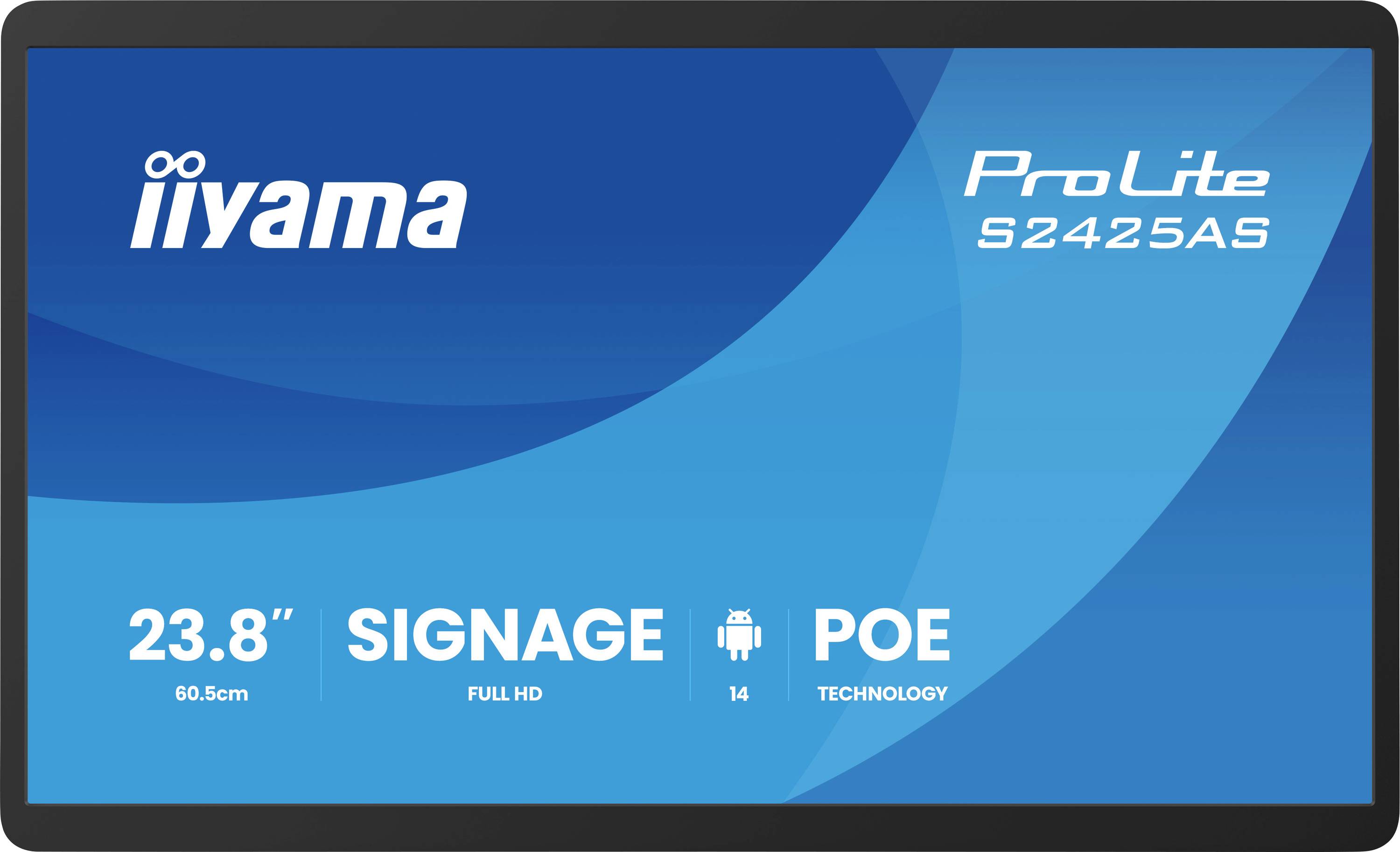 Schermo 'Iiyama ProLite S2425AS', che mostra le caratteristiche "23.8" Full HD Signage, Tecnologia POE, 60.5cm, Android 14".