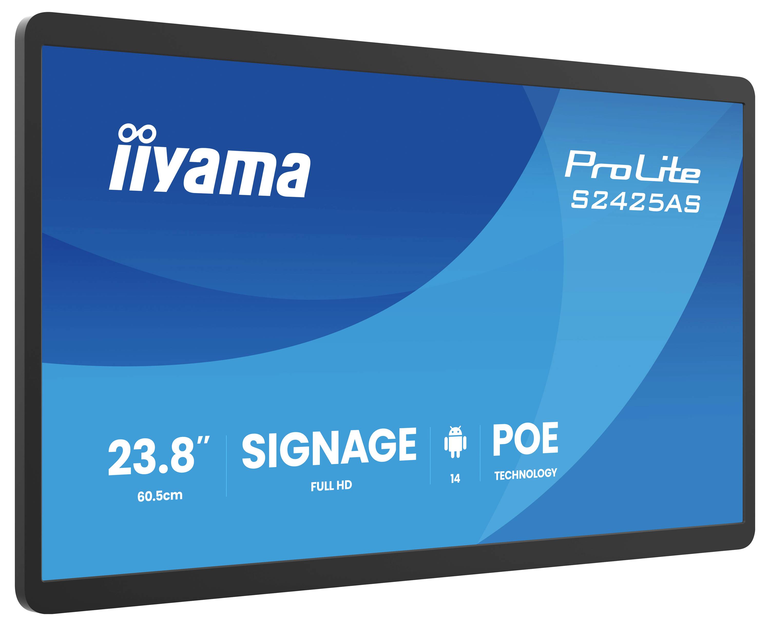 Monitor Iiyama ProLite S2425AS con schermo da 23,8 pollici, segnaletica, tecnologia POE e compatibilità Android, display Full HD.